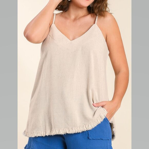 Cute Linen Blend V-Neck Tank Top w Ruffle Hem & Adjustable Spaghetti Straps - Picture 8 of 13